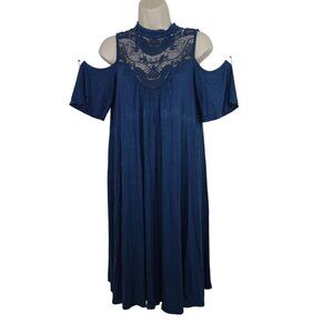 Signature Studio Cold Shoulder Navy Blue Shift Dress Women Size M High Neck Lace